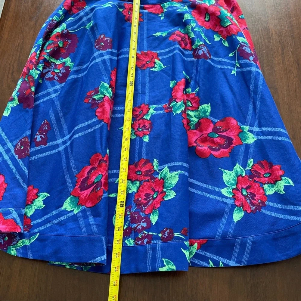Plenty by Tracy Reese Full Circle Skirt Blue Red Windowpane Floral Midi 12 ‎ NWT
